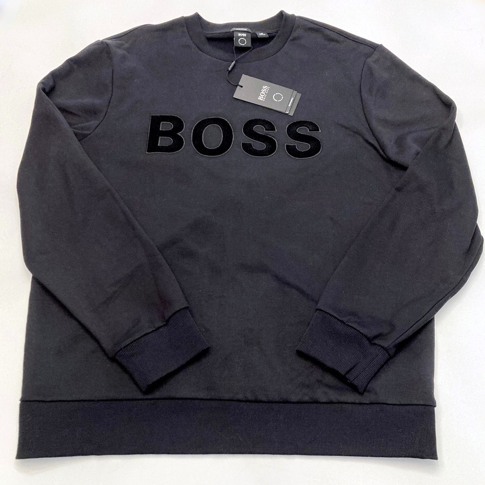 BOSS Hugo Boss Tonal Flocked Logo Sweatshirt Black Mens XXL Crewneck NEW
